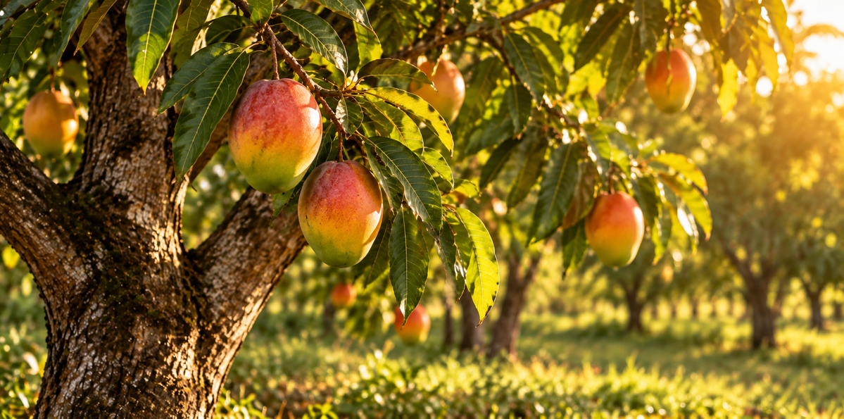 Reife Mangos hängen an einem Mangobaum in einer sonnigen Plantage.