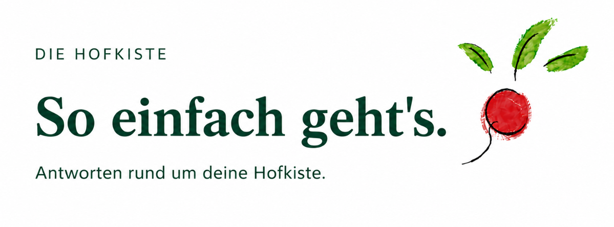 KI generiert: Text über einfache Nutzung der "Hofkiste" mit einer stilisierten Radieschen-Zeichnung.