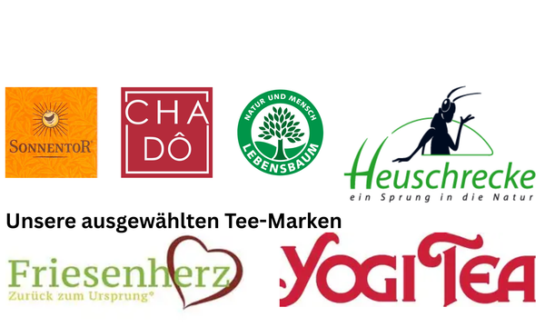 KI generiert: Logos von sechs Tee-Marken: Sonnentor, Cha Do, Lebensbaum, Heuschrecke, Friesenherz, Yogi Tea. Text: "Unsere...Tee-Marken".