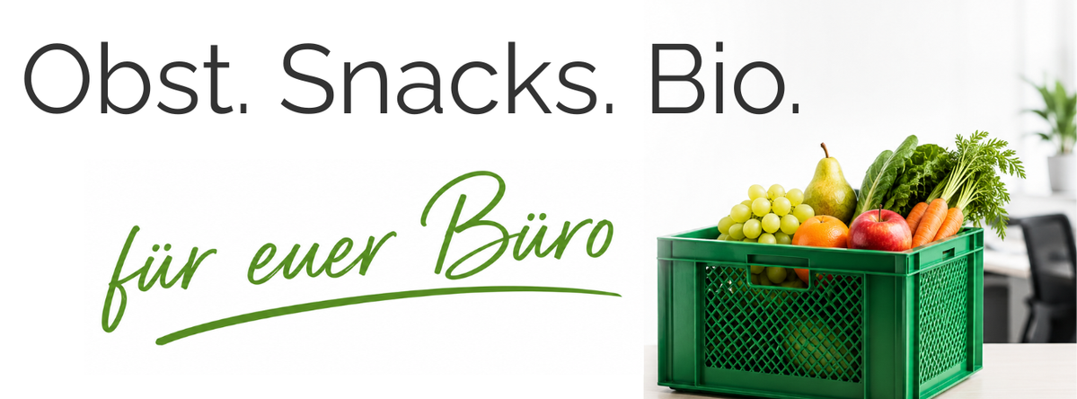 KI generiert: Eine grüne Kiste mit Obst und Gemüse. Text: "Obst. Snacks. Bio. für euer Büro".