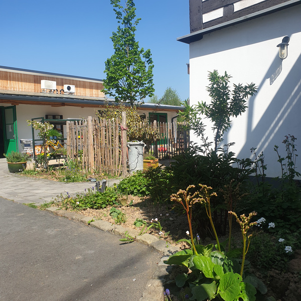 KI generiert: Hof mit Garten, Zaun, kleinem Gebäude und Pflanzen bei sonnigem Wetter. Kein Text vorhanden.