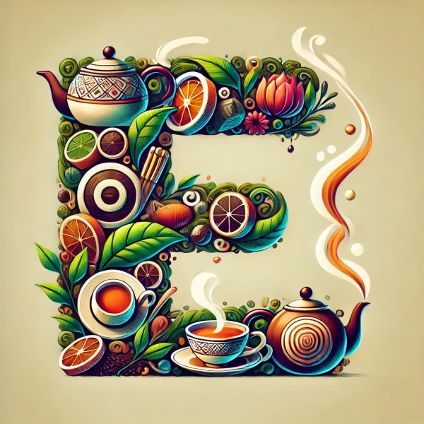 KI generiert: Ein kunstvolles "E" aus Teekannen, Tassen, Blättern und Zitrusfrüchten gestaltet.