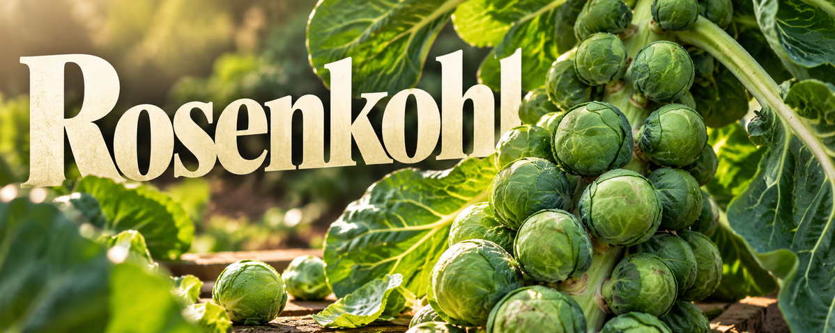 Rosenkohl mit dicht am Stängel wachsenden grünen Röschen im warmen Sonnenlicht.
