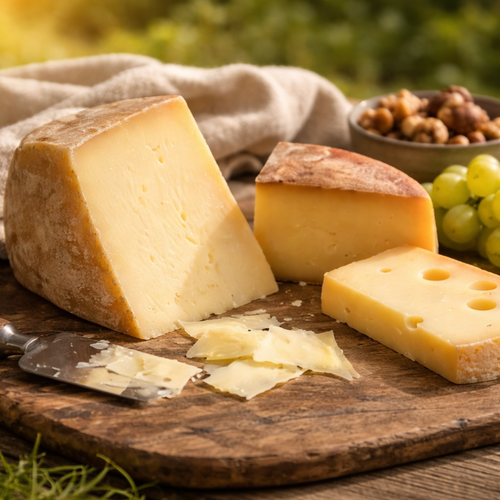 KI generiert: Verschiedene Käsesorten auf einem rustikalen Holzbrett, umgeben von Trauben und Nüssen.