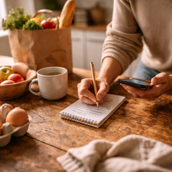 KI generiert: Eine Person schreibt eine Einkaufsliste, neben ihr ein Handy, Kaffee, Eier und ein Papierbeutel mit Lebensmitteln.
