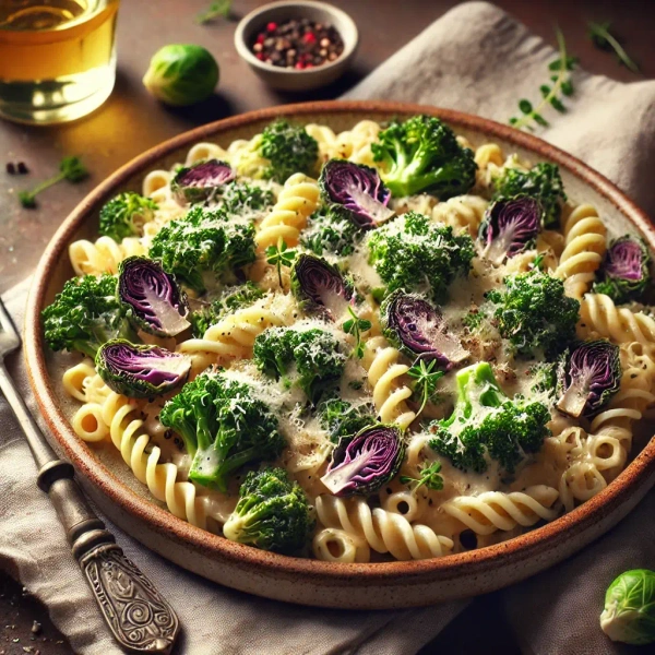 KI generiert: Das Bild zeigt einen Teller mit Spiralnudeln, Brokkoli und violetten Artischockenherzen, garniert mit einer cremigen Soße. Der Hauptinhalt ist eine ansprechend angerichtete Pasta-Gericht.