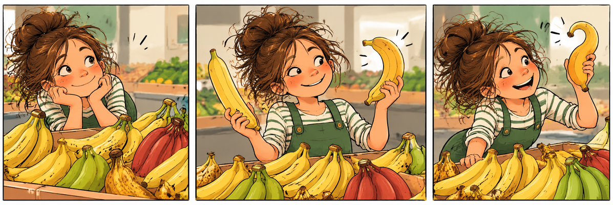 Dreiteiliger Comic mit Frida, die im Supermarkt verschiedenfarbige Bananen entdeckt, eine gerade mit einer krummen Banane vergleicht und schließlich staunend eine Banane in Fragezeichenform hochhält.