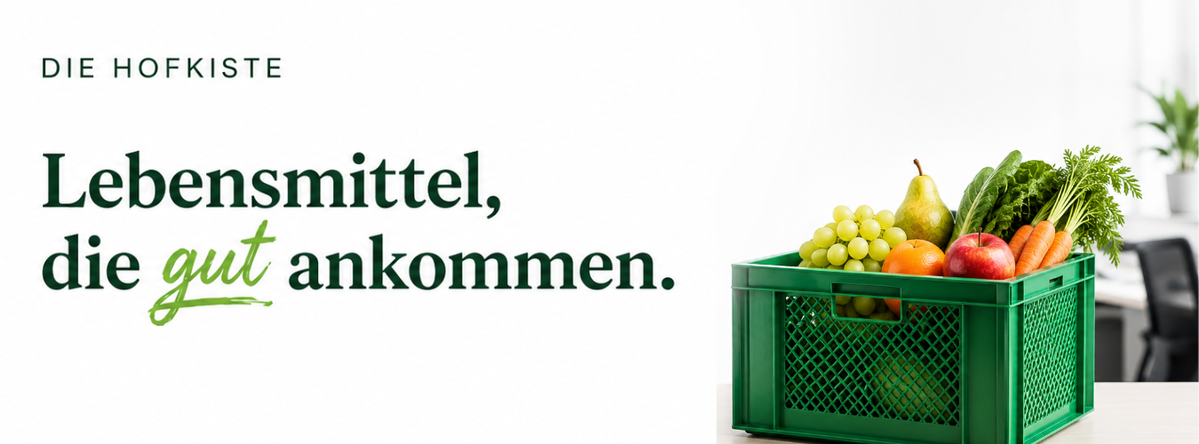 KI generiert: Ein grüner Korb voller Obst und Gemüse, daneben der Text: "Lebensmittel, die gut ankommen."