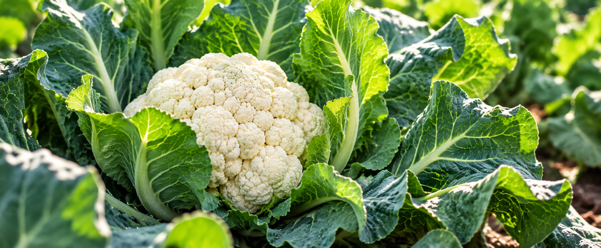 Blumenkohl auf dem Feld mit cremeweißem, festem Blütenkopf, umgeben von großen grünen Blättern.