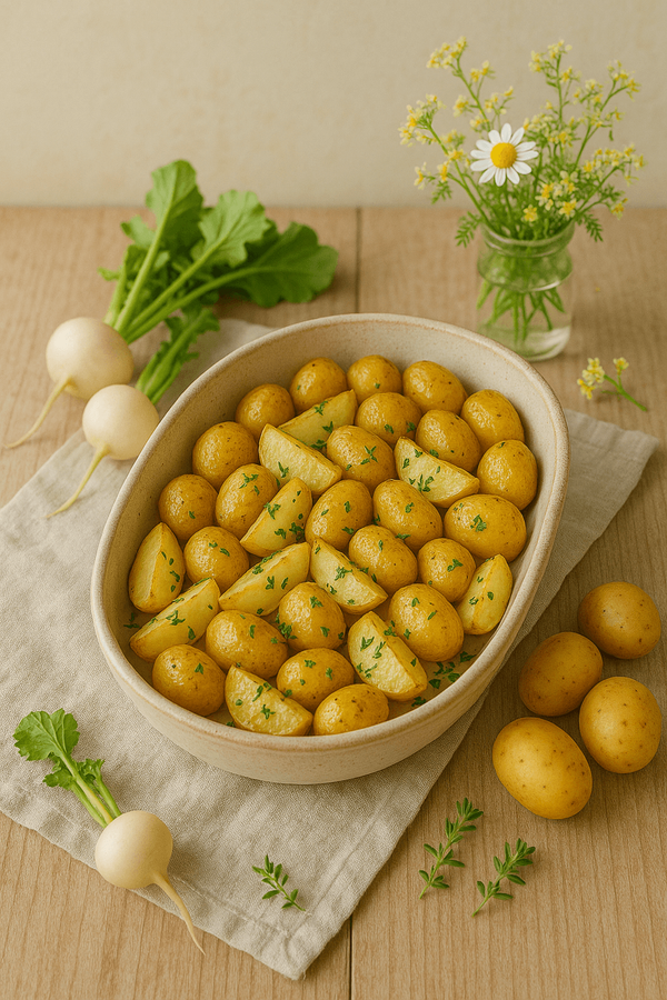 KI generiert: Schale mit Kartoffeln und Kräutern, daneben Radieschen und eine kleine Blumenvase.