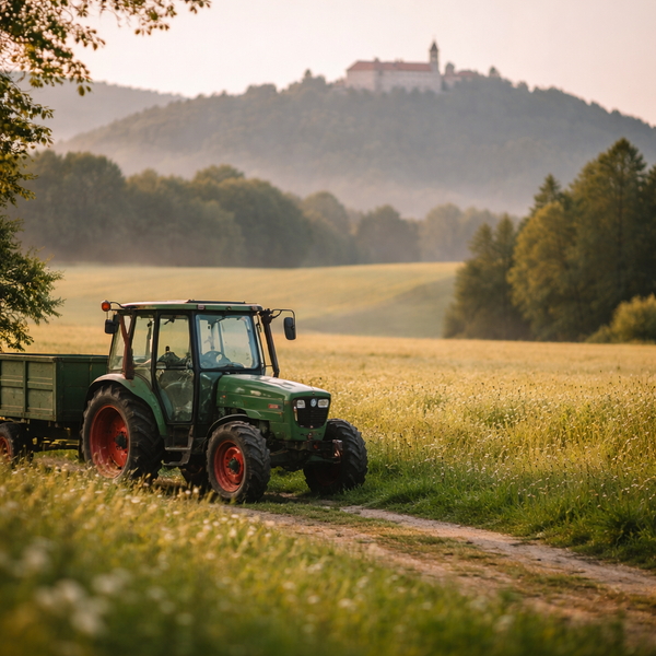 KI generiert: Traktor auf Feldweg in ländlicher Landschaft mit Hügel und Gebäude im Hintergrund.