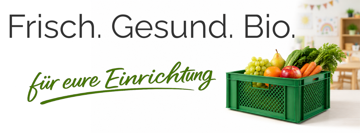 KI generiert: Grüner Korb mit frischem Obst und Gemüse. Text: "Frisch. Gesund. Bio. für eure Einrichtung".