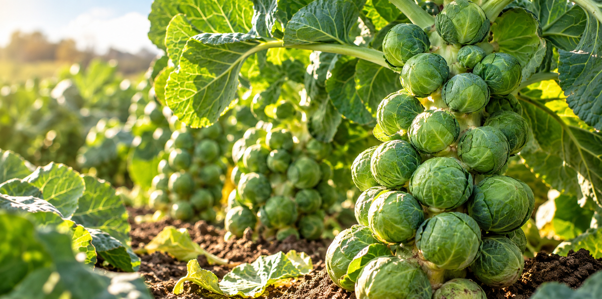 Rosenkohl auf dem Feld mit zahlreichen grünen Röschen, die dicht am kräftigen Stängel wachsen.
