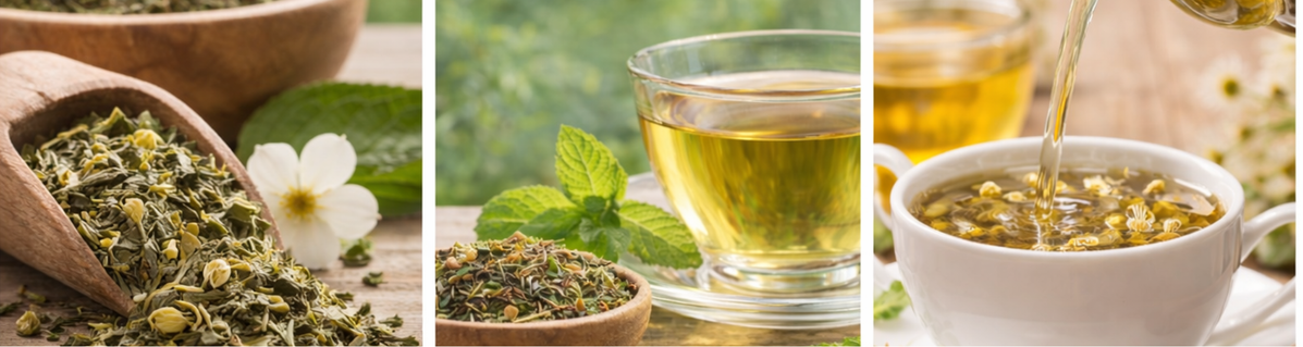 KI generiert: Getrocknete Kräuter und frisch gebrühter Tee in Tassen mit frischen Minzblättern.