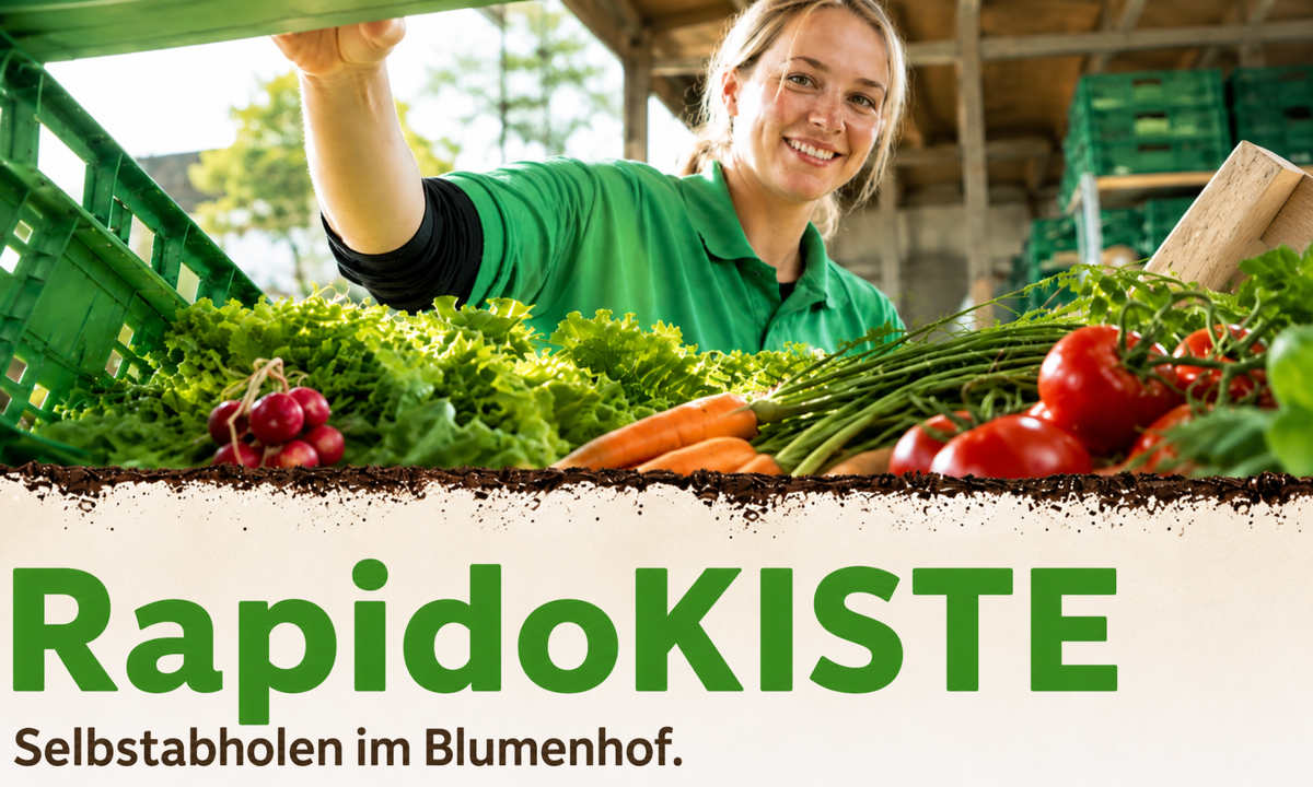 KI generiert: Ein Hund sitzt vor einem Tisch mit Gemüse. Text: "KONTAKT DIE HOFKISTE".