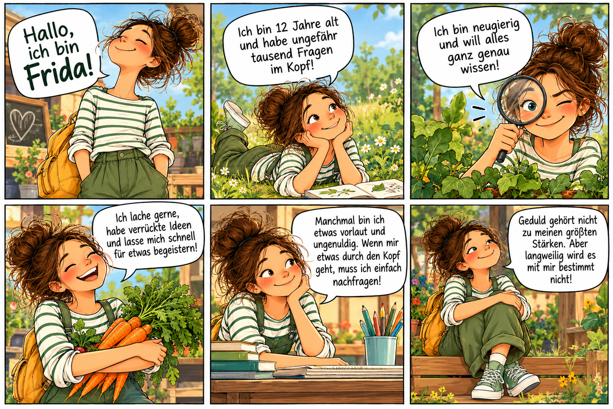 Sechsteiliger Vorstellungscomic von Frida, 12 Jahre, mit wildem braunem Dutt, Sommersprossen und grün-weiß gestreiftem Shirt. In sechs Szenen erzählt sie von ihrer Neugier, ihren verrückten Ideen und ihrer Ungeduld.