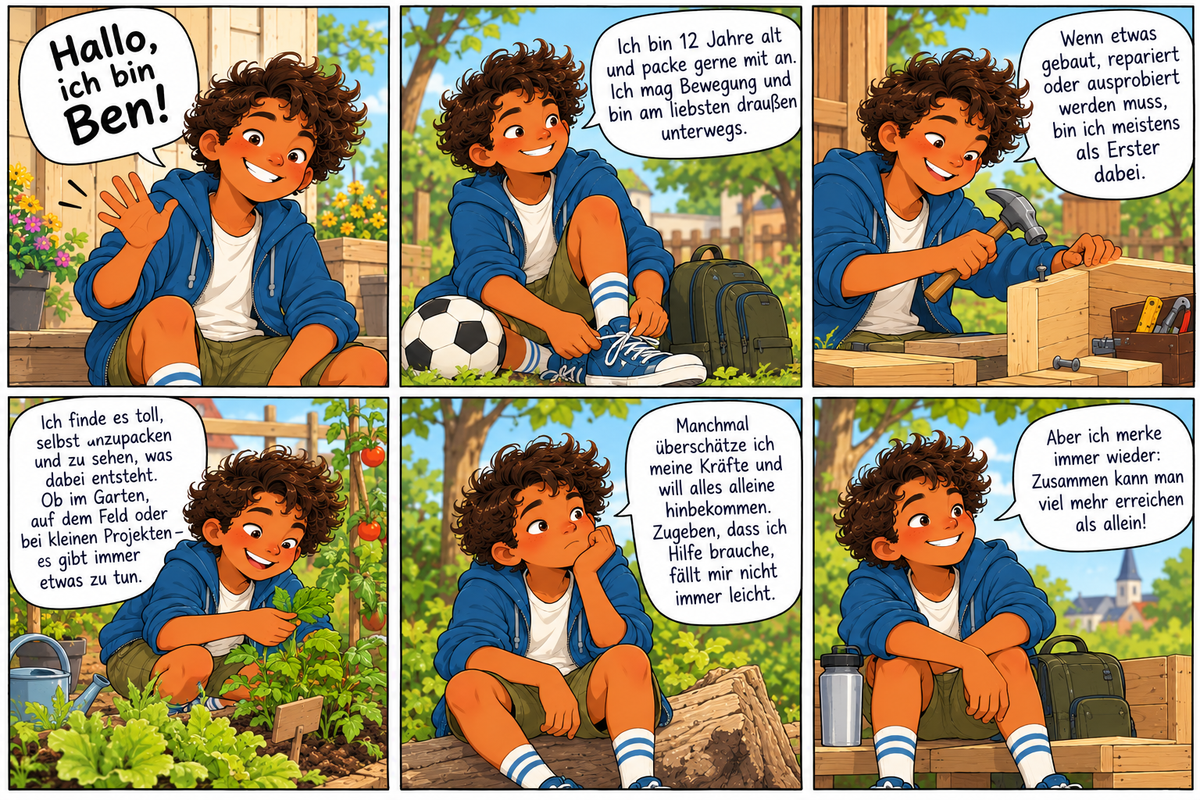 Ben, der mutige Anpacker der 13 Neugiernasen, stellt sich in sechs Comicbildern vor. Er spielt Fußball, baut ein Vogelhaus, arbeitet im Garten und erzählt von seinen Stärken und Schwächen.