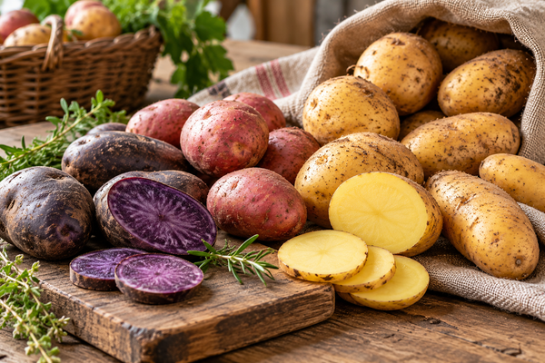 Verschiedene Kartoffelsorten mit gelber, roter und violetter Schale, teilweise aufgeschnitten, auf einem rustikalen Holztisch.