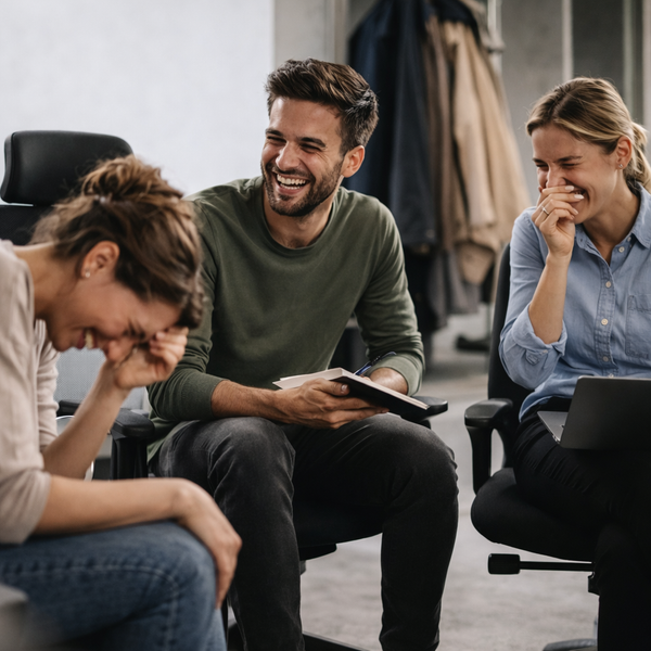 KI generiert: Drei Menschen lachen zusammen in einem Bürosetting.