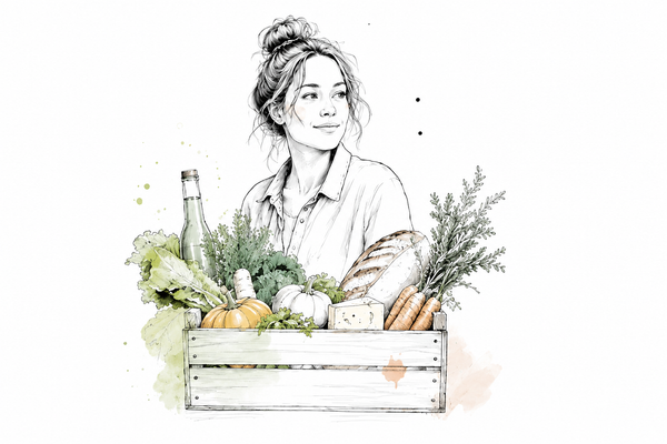 Illustration einer Hofkiste mit Obst, Gemüse, Brot und weiteren Bio-Lebensmitteln