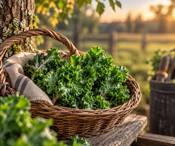 Flower Sprouts im Weidenkorb vor einer ländlichen Kulisse im warmen Abendlicht.