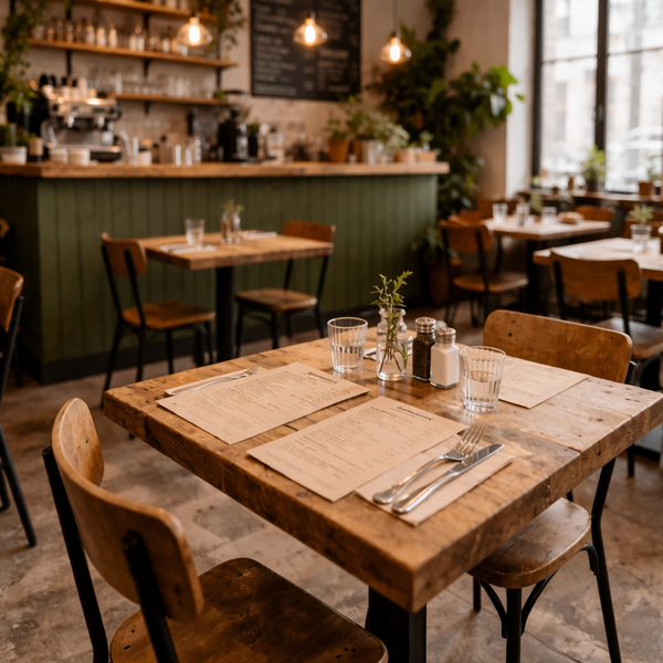 KI generiert: Gemütliches Café-Interieur mit Holztischen, Gedecken und Pflanzen im Hintergrund.