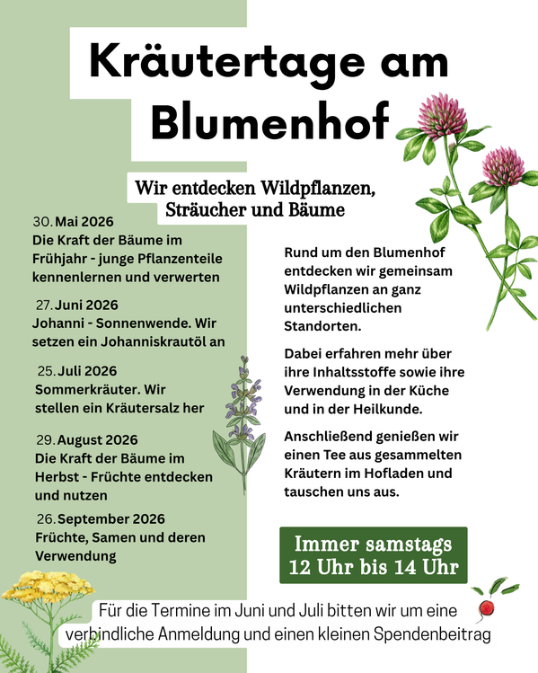 KI generiert: Kräutertage am Blumenhof: Veranstaltungen zur Entdeckung und Nutzung von Wildpflanzen, Sträuchern und Bäumen.