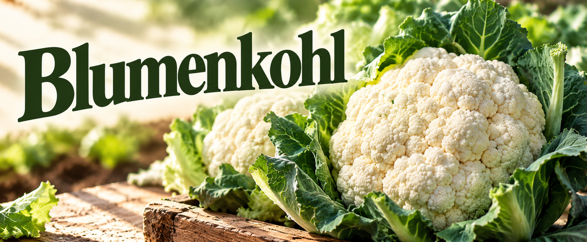 Weiße Blumenkohlköpfe mit kräftigen grünen Blättern auf einem rustikalen Holztisch und großem Schriftzug „Blumenkohl“.