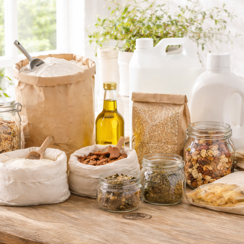 KI generiert: Verschiedene Lebensmittel in Gläsern und Beuteln, darunter Öl, Mehl und Nüsse, auf einem Holztisch arrangiert.