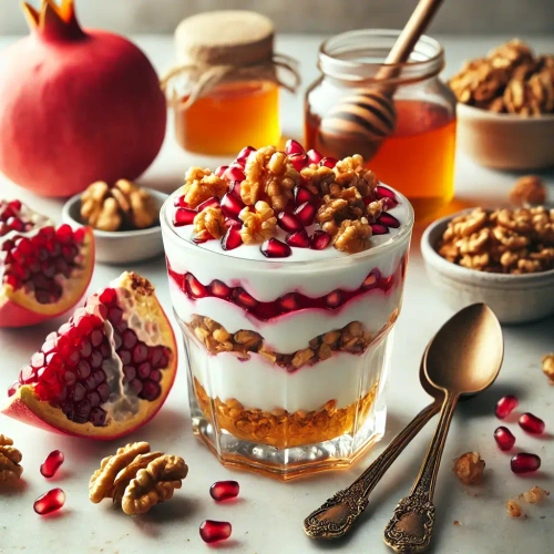 KW40: Granatapfel-Schichtdessert mit Joghurt und karamellisierten Nüssen