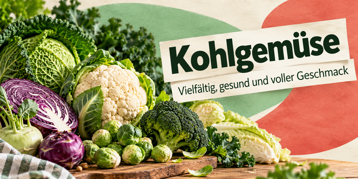 Verschiedene Kohlgemüse mit Wirsing, Rotkohl, Blumenkohl, Brokkoli, Kohlrabi und Rosenkohl.
