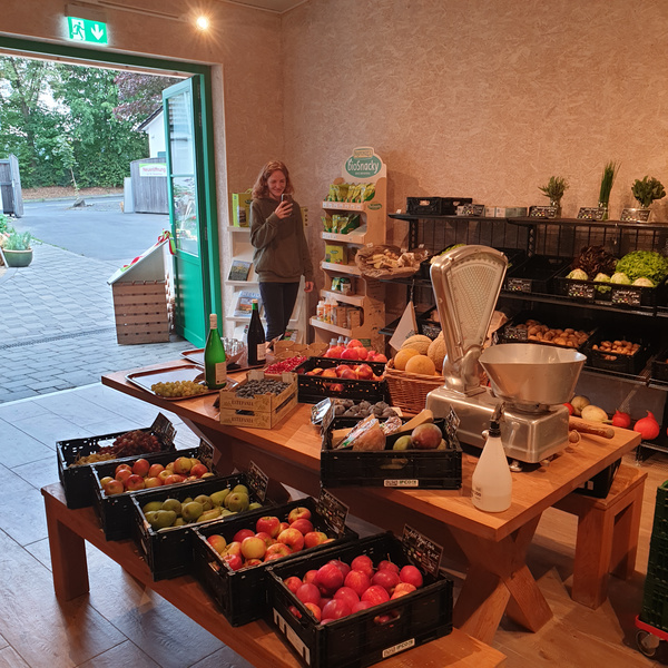 KI generiert: Ein Obst- und Gemüseladen mit einer Waage, Körben und einer Frau im Hintergrund.