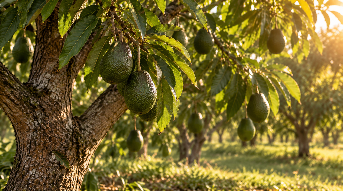 Reife Avocados hängen an einem Avocadobaum in einer sonnigen Plantage.