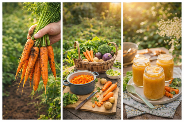 KI generiert: Frische Karotten, Gemüsekorb und Gläser mit Karottensuppe im Freien, bei Sonnenlicht.