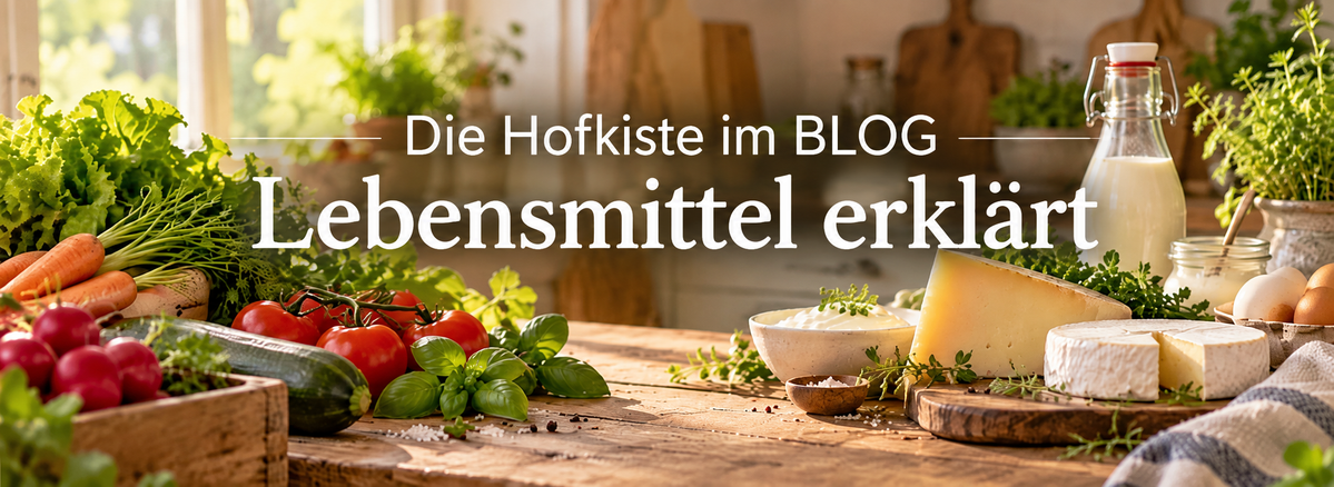 KI-generierte Beschreibung: Das Bild zeigt eine bunte Auswahl an frischem Gemüse und Obst auf einem Holztisch. Text: "Die Hofkiste im BLOG Lebensmittel erklärt".