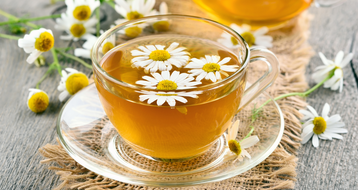 KI generiert: Eine Tasse Kamillentee mit schwimmenden Blüten, umgeben von Kamillenblumen auf einem Tisch.