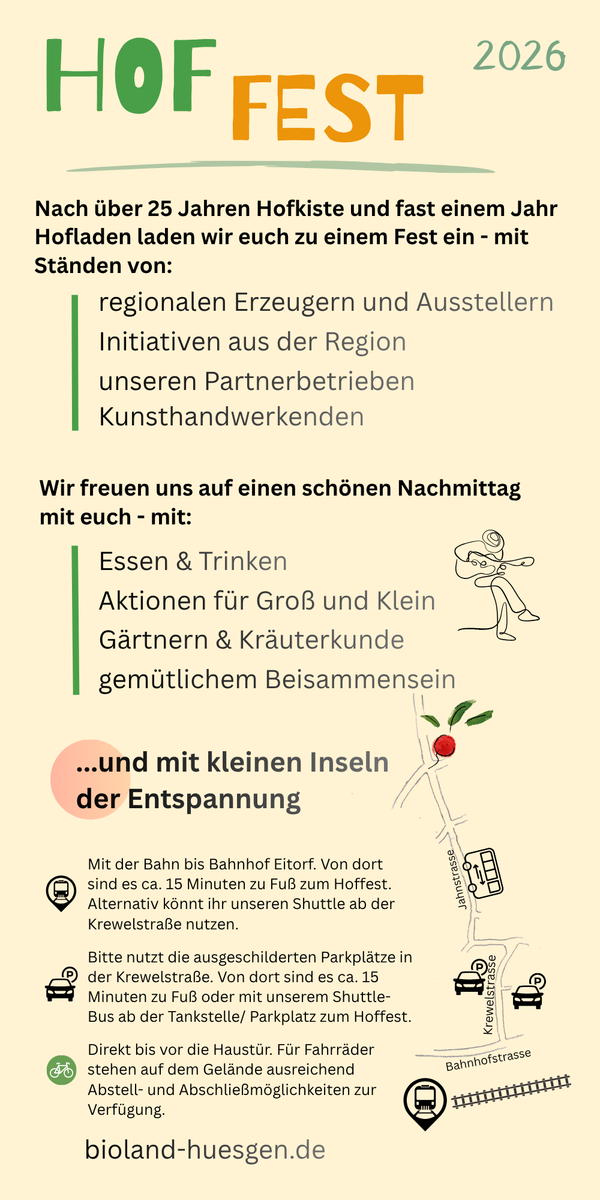 KI generiert: Hoffest 2026: Regionale Stände, Essen & Trinken, Aktionen, Entspannung. Infos: bioland-huesgen.de