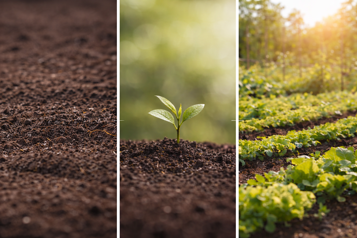 KI generiert: Drei Bilder zeigen Erde, einen jungen Pflanzentrieb und ein Feld mit Pflanzen.