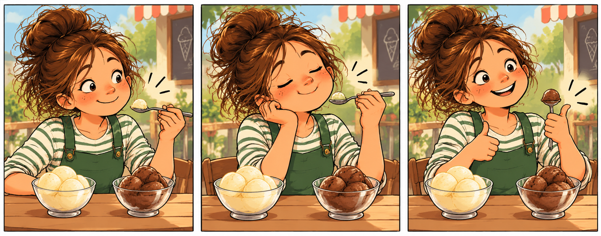 Dreiteilige Comic-Illustration mit Frida, die vorsichtig einen kleinen Löffel Vanilleeis probiert, den Geschmack mit geschlossenen Augen genießt und anschließend begeistert den Daumen hebt. Vor ihr stehen Schalen mit Vanille- und Schokoladeneis.