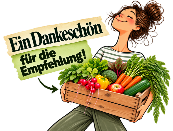 Handgezeichnete Illustration einer lächelnden Frau mit einer Holzkiste voller Obst und Gemüse, daneben der Schriftzug „Was ist eine Biokiste?“.