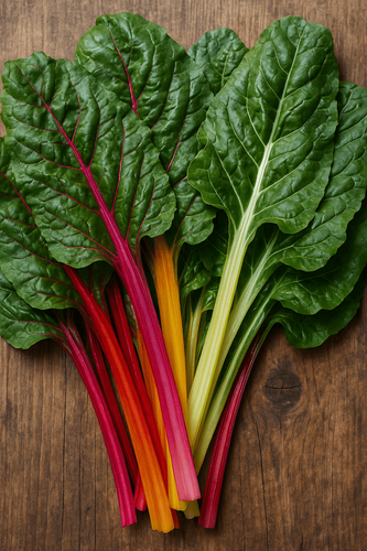 KI generiert: Mehrfarbiger Mangold auf Holzoberfläche.