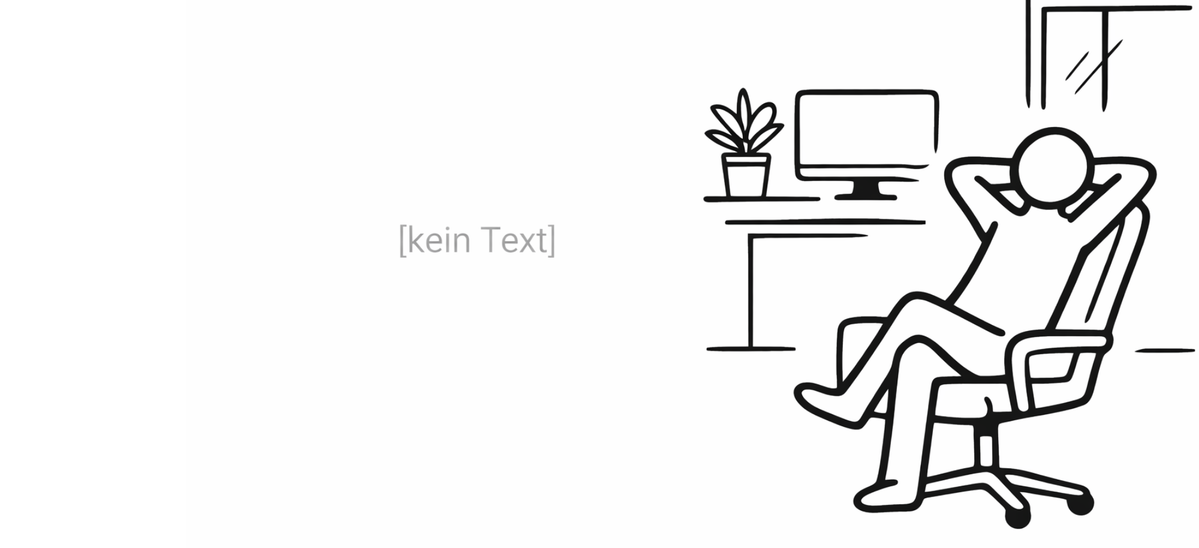 KI generiert: Eine Person sitzt entspannt auf einem Bürostuhl vor einem Schreibtisch mit Computer und Pflanze.