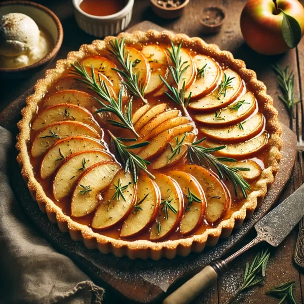 KI generiert: Das Bild zeigt eine ansprechend dekorierte Apfel-Tarte, die mit frischen Rosmarinzweigen garniert ist. Im Hintergrund sind eine Schale mit Eiscreme und eine frische Apfelhälfte zu sehen und tragen zur herbstlichen Atmosphäre bei.