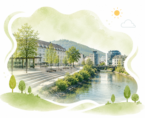 KI generiert: Flusslandschaft in einer Stadt, umrahmt von Bäumen und Hügeln, bei sonnigem Wetter.