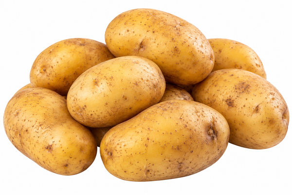 Frische, ungeschälte Kartoffeln mit goldgelber Schale auf weißem Hintergrund.