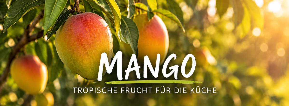 KI-generierte Beschreibung: Hauptinhalt des Bildes: Eine Mango mit dem Text "MANGO TROPISCHE FRUCHT FÜR DIE KÜCHE".
