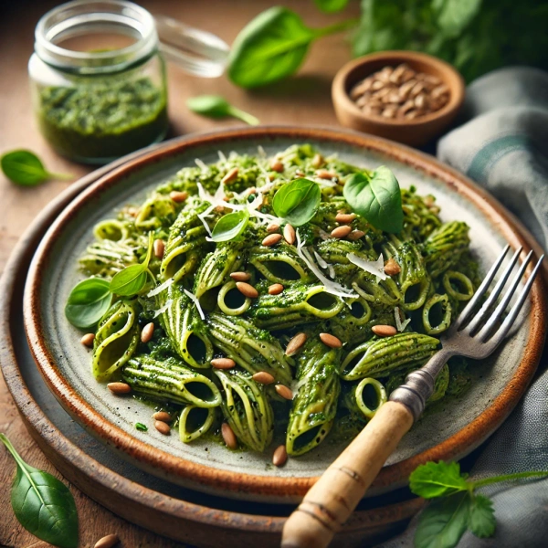 KI generiert: Ein Teller Penne-Pasta mit grünem Pesto, Basilikum und Pinienkernen.