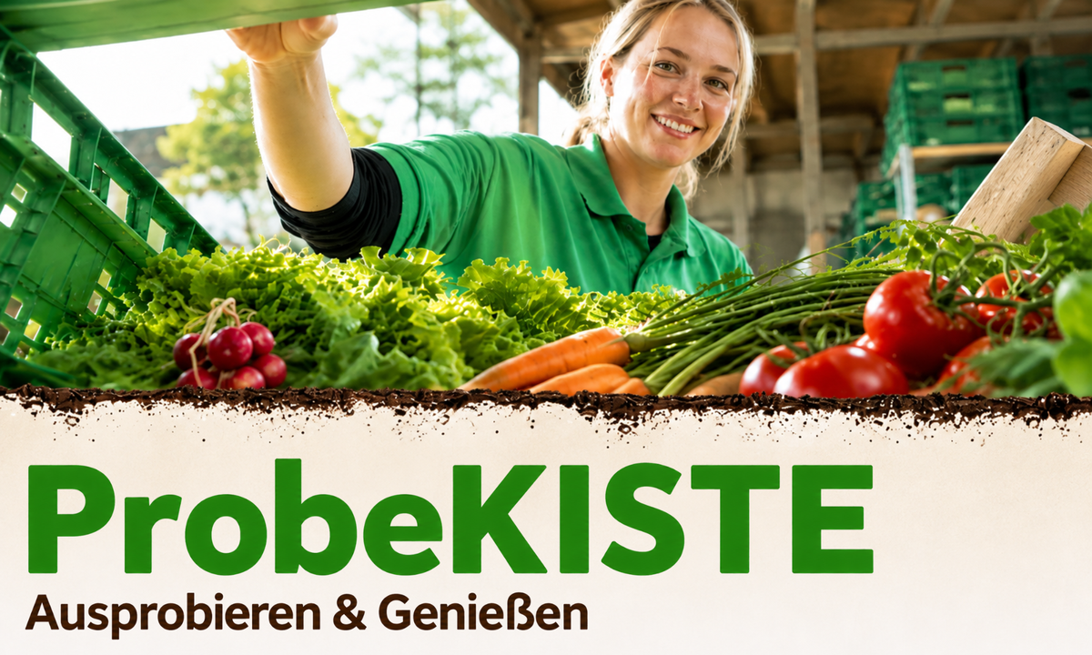 KI generiert: Ein Hund sitzt vor einem Tisch mit Gemüse. Text: "KONTAKT DIE HOFKISTE".