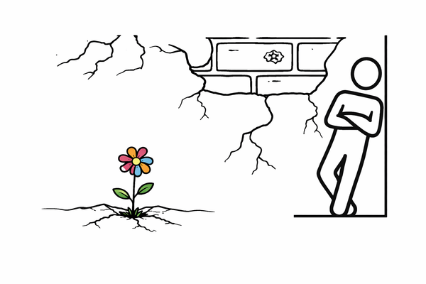 KI generiert: Eine bunte Blume wächst aus Rissen im Boden neben einer gemalten Figur an einer Mauer.