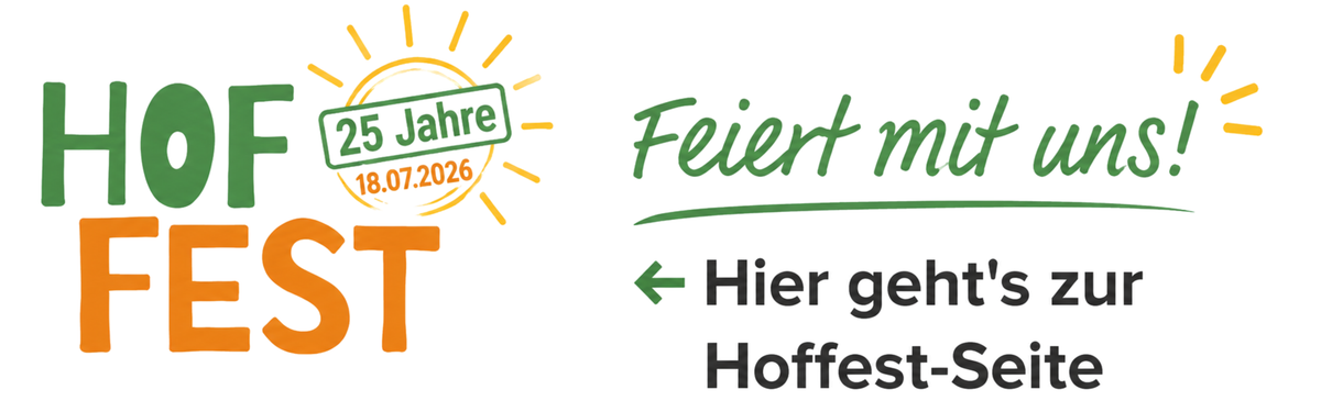 KI generiert: Einladungsbild zu einem Hoffest. Text: "Hoffest 25 Jahre 18.07.2026. Feiert mit uns! Hier geht's zur Hoffest-Seite."